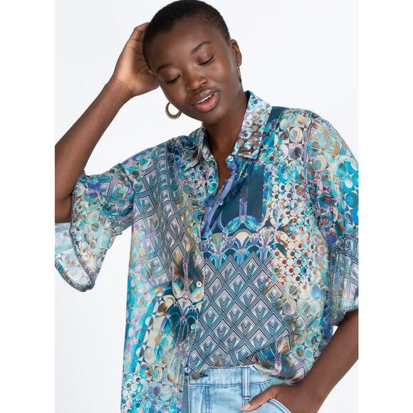 Johnny Was Workshop Klodi Ruffle Sleeve Blue Pattern Top Lightweight Blouse XS - Picture 2 of 10